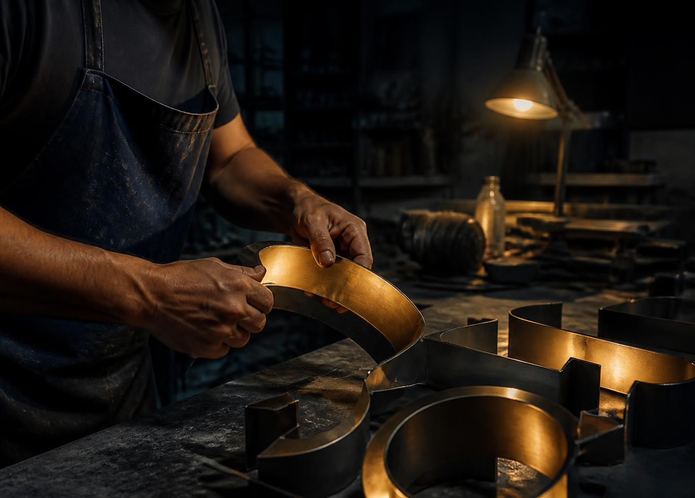 工廠中師傅雙手折製金屬發光字,暖色燈光下的製作現場